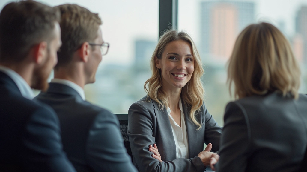 Vrouw in professionele donkerblauwe blazer geeft een presentatie met zelfvertrouwen voor een publiek in een moderne trainingsruimte met natuurlijk licht