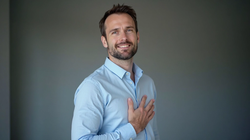 Close-up van een man die kalm ademt, hand op borst, rustige gezichtsuitdrukking, zachte natuurlijke verlichting, zachte achtergrond