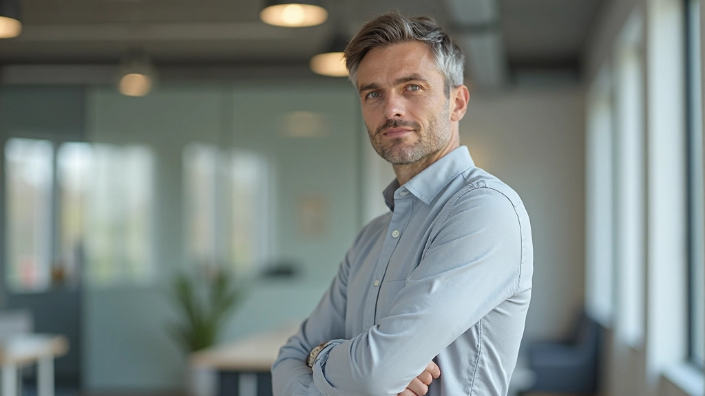 Man staat met brede schouders en rechte rug, handen ontspannen langs het lichaam in een licht kantoor