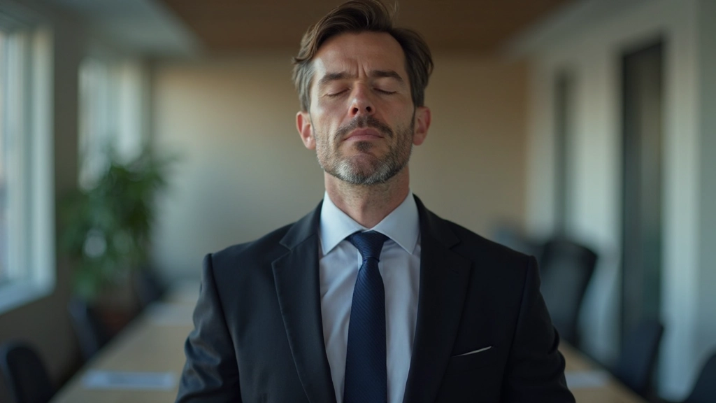 Man in pak die zich concentreert met gesloten ogen, meditatief moment voor presentatie, rustige kantooromgeving