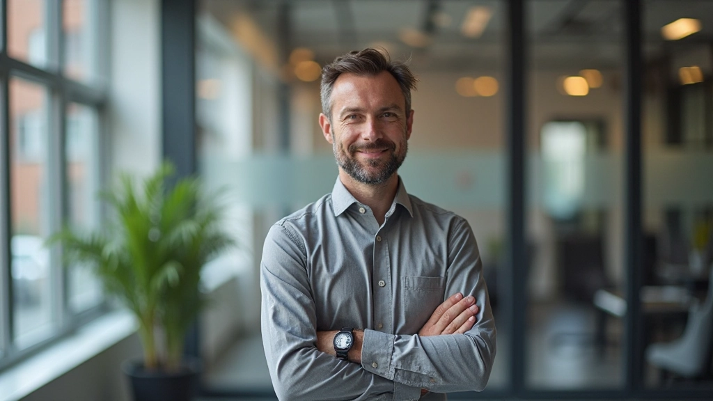 Professioneel portret van een man in grijs overhemd die vol zelfvertrouwen staat in een moderne kantooromgeving met grote ramen en natuurlijk licht