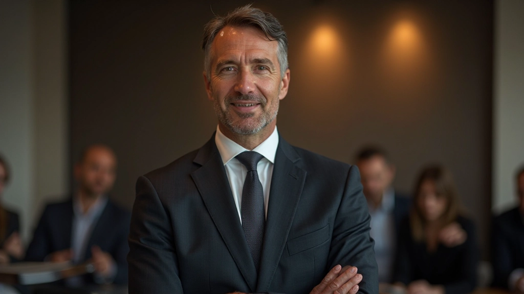 Trainer in donker pak maakt intensief oogcontact met de camera in een trainingsruimte met warm licht