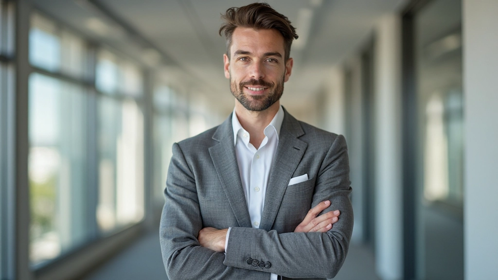 Man in grijs overhemd staat vol vertrouwen in een moderne kantoor met grote ramen en natuurlijk licht