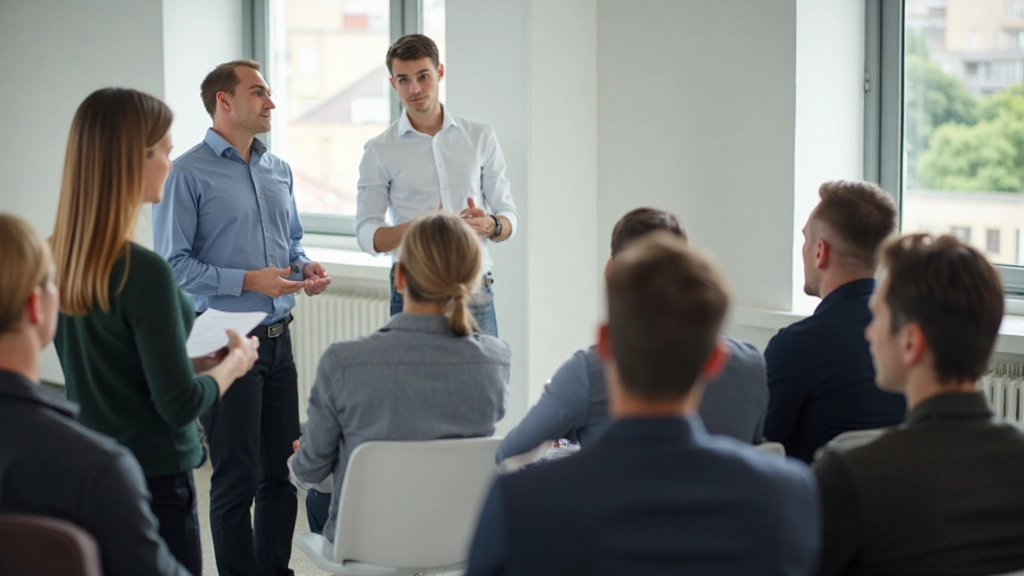 Groep deelnemers die oefenen met presentaties in een interactieve trainingsomgeving met positieve feedback