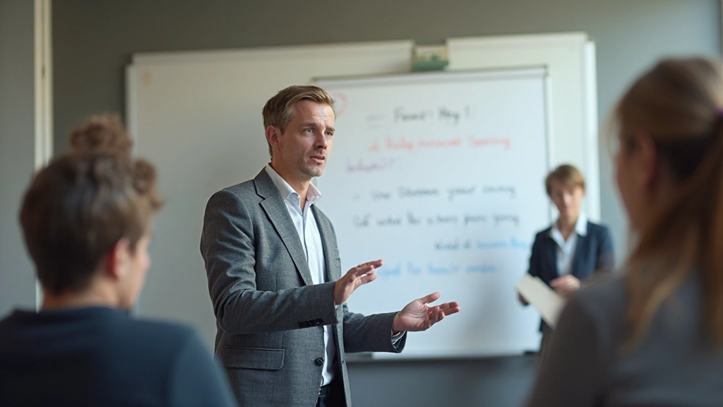 Trainer die een groep studenten opleidt met gebruikmaking van visuele hulpmiddelen en gestructureerde presentatie