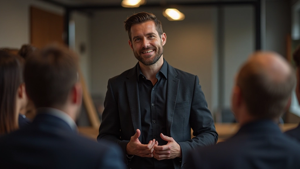 Professionele trainer in donker pak geeft feedback aan een klein groepje luisteraars in een workshop
