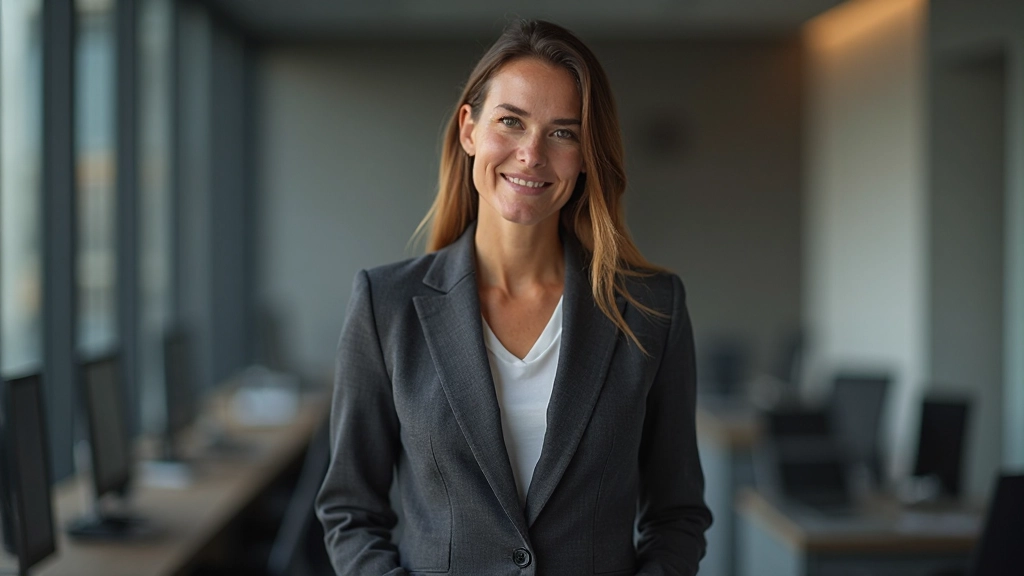 Vrouw met zelfverzekerde staande houding, schouders naar achteren, open lichaamshouding, professionele presentatie pose