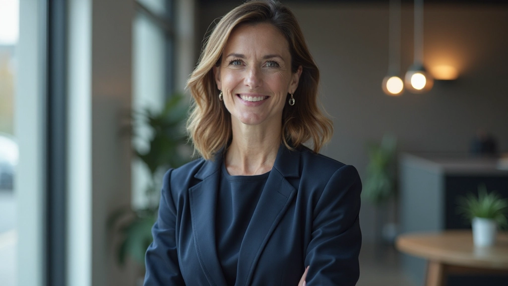 Professionele vrouw in donkerblauwe blazer staat rechtop met ontspannen houding in een moderne vergaderruimte met grote ramen