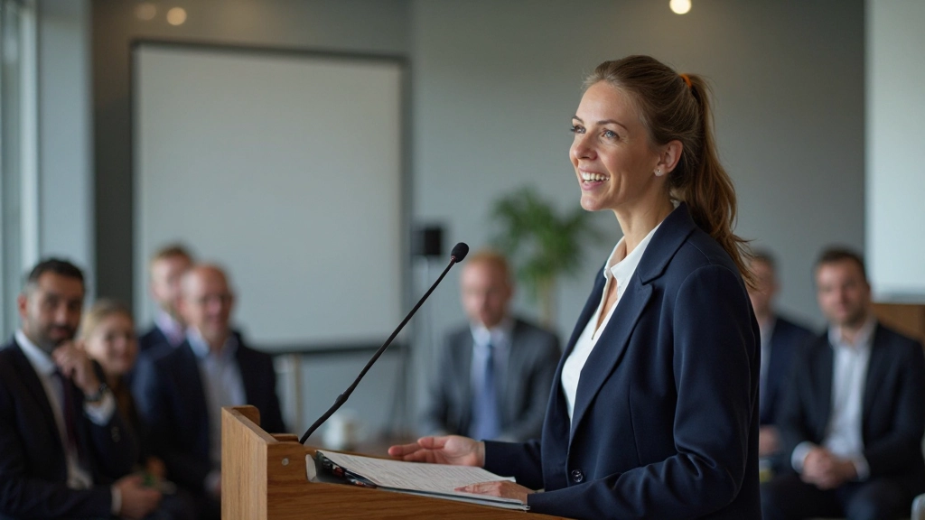 Vrouw in professioneel pak spreekt vol zelfvertrouwen voor een publiek in een moderne conferentieruimte